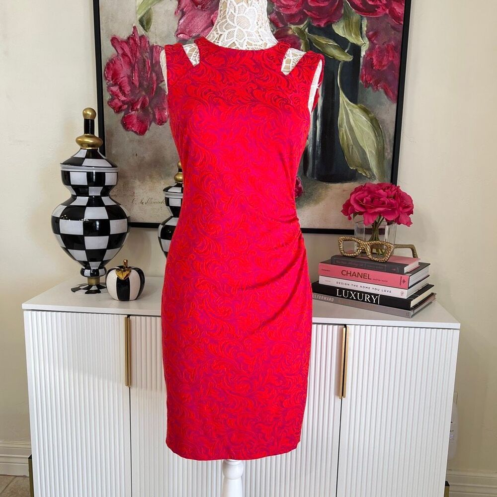 Cache Womens Filigree Jacquard Ruched Side Cutout Shoulder Sheath Dress Red Sz 6